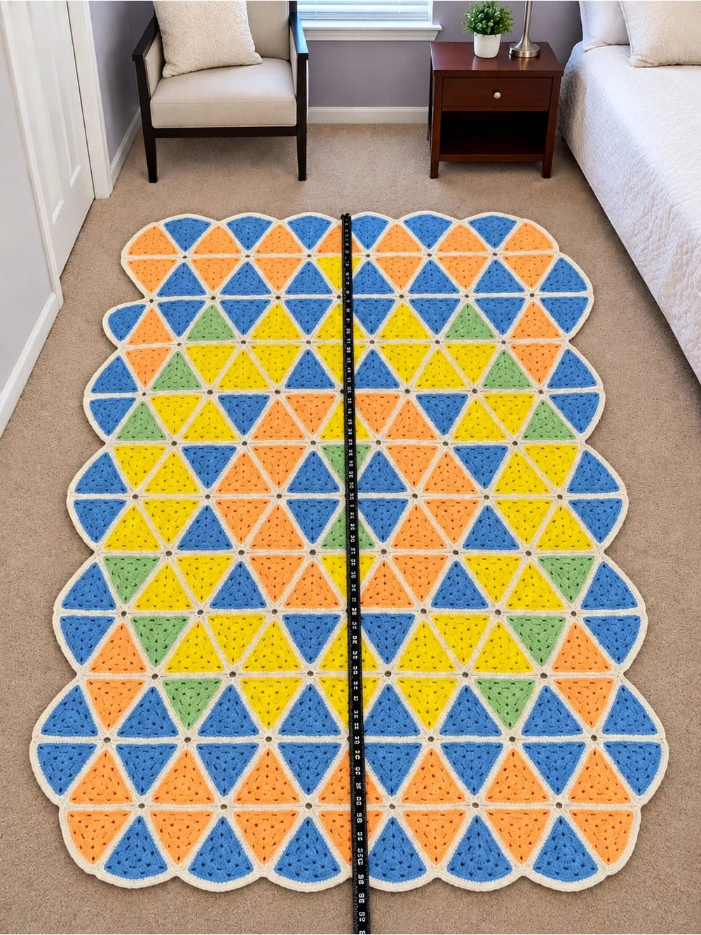 Vintage Handmade Crochet Triangle Afghan Blanket – Blue Yellow Orange Green